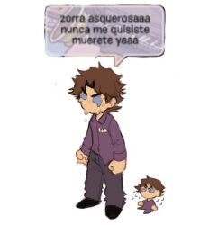 Rule 34 | 1boy, black footwear, black pants, chibi, clenched hands, club penguin, commentary, crying, dabi bill, five nights at freddy&#039;s, long sleeves, male focus, meme, michael afton, pants, purple shirt, shirt, shoes, solo, spanish text, speech bubble, standing, symbol-only commentary, translated