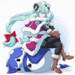 Rule 34 | 1girl, ahoge, aqua eyes, artist name, bell, black pantyhose, blue hair, blue scarf, boots, bow, bright pupils, brown footwear, capelet, character snowman, christmas wreath, commentary, crossed legs, dress, earrings, english commentary, floating hair, fur-trimmed boots, fur-trimmed capelet, fur-trimmed dress, fur trim, hair bow, hair ornament, hands on own knees, hatsune miku, head wreath, high heel boots, high heels, highres, ice cream bar, jewelry, jingle bell, john su, kaito (vocaloid), long hair, looking at object, looking down, neck bell, own hands together, pantyhose, parted lips, puff of air, red bow, red capelet, red dress, santa capelet, santa costume, santa dress, scarf, sitting, snowflake hair ornament, snowflake print, snowman, solo, twintails, very long hair, vocaloid, white background, white pupils, wreath