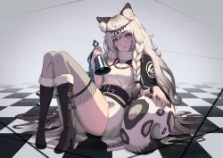 Rule 34 | 1girl, animal ear fluff, animal ears, arknights, bad id, bad pixiv id, bead necklace, beads, bell, black footwear, black hair, blush, boots, braid, breasts, checkered floor, circlet, closed mouth, commentary, dress, english commentary, full body, fur-trimmed boots, fur trim, gradient background, gradient hair, grey background, grey eyes, grey thighhighs, high heel boots, high heels, highres, holding, holding bell, jewelry, knee boots, large tail, leopard ears, leopard tail, lerio (leriodraws), lips, long hair, looking at viewer, medium breasts, multicolored hair, necklace, pramanix (arknights), side braids, silver hair, sitting, smile, solo, strap, tail, tassel, thighhighs, thighs, twin braids, two-tone hair, very long hair, white dress