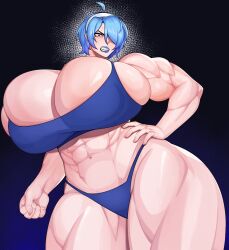 Rule 34 | 1girl, abs, ahoge, bikini, blue bikini, blue eyes, blue hair, blue lips, breasts, bursting breasts, cleavage, clenched teeth, curvy, female focus, from below, gigantic breasts, hair over one eye, hand on own hip, looking at viewer, matching hair/eyes, muscular, muscular female, navel, shiny skin, short hair, skindentation, solo, strongmoist, swimsuit, teeth, thick thighs, thighs, wide hips