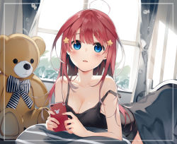 Rule 34 | 1girl, ahoge, bare arms, bare shoulders, black camisole, blue eyes, blush, camisole, cellphone, curtains, go-toubun no hanayome, hair ornament, highres, holding, holding phone, indoors, long hair, looking at viewer, lying, nakano itsuki, niii (memstapak), on stomach, parted lips, phone, pillow, red hair, solo, star (symbol), star hair ornament, strap slip, stuffed animal, stuffed toy, teddy bear, under covers, window