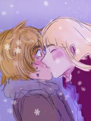 Rule 34 | 2boys, androgynous, blonde hair, blush, brown eyes, canute, chisana yosei, closed eyes, eyebrows, eyebrows hidden by hair, fur collar, fur trim, highres, kiss, looking at another, male focus, messy hair, multiple boys, prince, profile, sidelocks, snow, snowflakes, snowing, sweat, thorfinn, viking, vinland saga, winter, winter clothes, yaoi