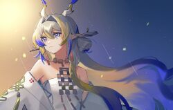 Rule 34 | 1girl, arknights, bare shoulders, blonde hair, blue hair, choker, coat, commentary request, dress, grey hair, hair intakes, horns, ignorabimus, long hair, multicolored hair, off shoulder, open clothes, open coat, pointy ears, shu (arknights), solo, strapless, strapless dress, streaked hair, upper body, very long hair, white coat, white dress