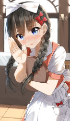 Rule 34 | 1girl, absurdres, apron, black hair, blue eyes, blush, bow, braid, collarbone, collared shirt, dress, flying sweatdrops, frilled apron, frills, hair bow, hair over shoulder, hand to own mouth, hand up, highres, indoors, long hair, looking at viewer, nose blush, hugging object, open mouth, orange dress, original, pentagon (railgun ky1206), red bow, shirt, short sleeves, sleeveless, sleeveless dress, solo, tile floor, tiles, tray, twin braids, twintails, uniform, waist apron, waitress, white apron, white bow, white shirt