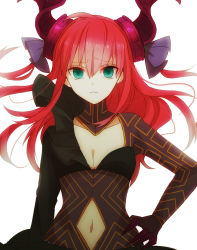 Rule 34 | 1girl, aqua eyes, black gloves, breasts, clothing cutout, dragon horns, eiku, elizabeth bathory (fate), fate/grand order, fate (series), gloves, hair between eyes, hand on own hip, highres, horns, long hair, long sleeves, looking at viewer, medium breasts, navel, navel cutout, official alternate costume, purple ribbon, red hair, ribbon, solo, two side up, upper body, white background