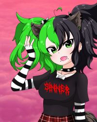 Rule 34 | 1girl, animal ears, black hair, collar, dino chan, dog ears, dog girl, goth fashion, green hair, highres, long sleeves, looking at viewer, makeup, original, plaid, plaid skirt, pleated skirt, self-upload, skirt, smile, solo, source request
