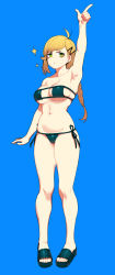 Rule 34 | 1girl, :&lt;, absurdres, arm at side, arm up, armpits, bags under eyes, bare legs, bikini, black bikini, blonde hair, blue background, braid, breasts, bright pupils, cain (gunnermul), cleavage, earrings, eyepatch bikini, full body, green eyes, hair ornament, hairclip, highres, index finger raised, jewelry, korean commentary, large breasts, long hair, navel, original, pigeon-toed, pointing, pointing up, sandals, side-tie bikini bottom, simple background, single braid, single sidelock, solo, sparkle, standing, stud earrings, swept bangs, swimsuit, very long hair