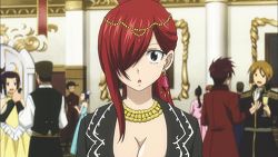 Rule 34 | 2girls, animated, animated gif, black hair, blush, breasts, cleavage, dress, erza scarlet, fairy tail, hair ornament, hug, jewelry, kagura mikazuchi, lowres, multiple girls, ponytail, red hair, smile, tattoo, yellow eyes, yuri