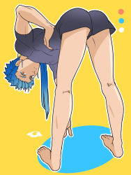 Rule 34 | 1boy, aono shimo, ass, bad id, bad pixiv id, barefoot, bent over, blue hair, casual, color guide, cu chulainn (fate), cu chulainn (fate/stay night), earrings, fate/stay night, fate (series), from behind, full body, hand on own hip, highres, jewelry, kneepits, long hair, looking at viewer, looking back, male focus, ponytail, shirt, shorts, solo, stretching, t-shirt, yellow background