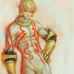 Rule 34 | 1boy, abs, blonde hair, censored, earrings, fate/hollow ataraxia, fate (series), gilgamesh (fate), glowing, glowing eyes, hand on own hip, hip focus, jewelry, male focus, male pubic hair, muscular, necklace, nude, out-of-frame censoring, penis, penis peek, pubic hair, red eyes, shaliva, solo, tattoo