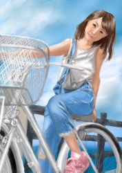 Rule 34 | 1girl, bicycle, black eyes, brown hair, clear sky, derivative work, fence, happy, head tilt, highres, looking at viewer, original, outdoors, overalls, riding, riding bicycle, shakugamodoki, shoes, sky, sleeveless, smile, sneakers, tank top