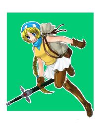 Rule 34 | 74, bare shoulders, blonde hair, blue eyes, boots, braid, fire emblem, fire emblem: genealogy of the holy war, gloves, hat, long hair, nintendo, open mouth, patty (fire emblem), single braid, skirt, smile, solo, sword, thigh boots, thighhighs, very long hair, weapon
