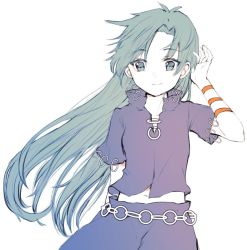 Rule 34 | 1girl, ahoge, arm behind back, arm ribbon, arm up, breasts, closed mouth, collarbone, commentary request, eyes visible through hair, gradient clothes, grey eyes, grey hair, hair between eyes, hand up, himemushi momoyo, long hair, looking to the side, mandarin collar, medium breasts, navel, orange ribbon, purple shirt, purple skirt, ribbon, shirt, short sleeves, shukinuko, simple background, skirt, smile, solo, t-shirt, touhou, white background