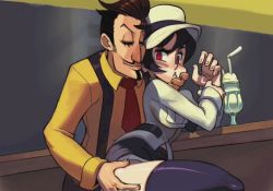 Rule 34 | 1boy, 1girl, alex ahad, ass, ass grab, bar (place), black hair, breasts, cartoonized, facial hair, filia (skullgirls), food, game cg, goatee, groping, hand on another&#039;s face, hat, hetero, ice cream, lab zero games, mustache, necktie, official art, panties, pantyshot, red eyes, riccardo (skullgirls), shirt, skullgirls, suspenders, thighhighs, thighs, toon (style), underwear, white panties