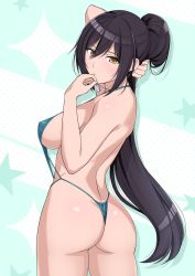 Rule 34 | 1girl, adjusting hair, ass, black hair, blue background, blue one-piece swimsuit, blush, breasts, brown eyes, closed mouth, cowboy shot, dog tags, from behind, hand to own mouth, haruhisky, highres, idolmaster, idolmaster shiny colors, large breasts, long hair, one-piece swimsuit, ponytail, shirase sakuya, sideboob, slingshot swimsuit, solo, star (symbol), starry background, strap gap, swimsuit, twisted torso, upper body
