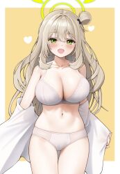 Rule 34 | 1girl, absurdres, blue archive, blush, bra, breasts, cleavage, collarbone, cowboy shot, fingernails, green eyes, green halo, grey bra, grey panties, halo, heart, highres, large breasts, light brown hair, long hair, looking at viewer, navel, nonomi (blue archive), open mouth, panties, rank alee, smile, solo, underwear