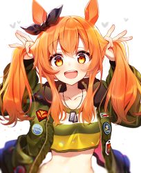 Rule 34 | 1girl, :d, animal ears, arms up, blurry, breasts, bunching hair, collarbone, crop top, dog tags, fur trim, green jacket, hair ribbon, horse ears, jacket, kawachi rin, long hair, looking at viewer, mayano top gun (umamusume), midriff, open clothes, open jacket, open mouth, orange eyes, orange hair, ribbon, shirt, small breasts, smile, solo, twintails, umamusume, upper body, yellow shirt