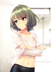 Rule 34 | 10s, 1girl, bathroom, bike shorts, blue eyes, blurry, blush, bob cut, breasts, check commentary, clothes lift, collarbone, commentary request, cowboy shot, depth of field, eyelashes, green eyes, green hair, heterochromia, highres, hip focus, idolmaster, idolmaster cinderella girls, indoors, infinote, lens flare, lips, looking to the side, midriff, mole, mole under eye, navel, parted lips, pink lips, see-through, shiny skin, shirt, shirt lift, short hair, short sleeves, small breasts, solo, stomach, sweat, swept bangs, takagaki kaede, tsurime, upper body, water, water drop, wet, wet clothes, wet hair, wet shirt