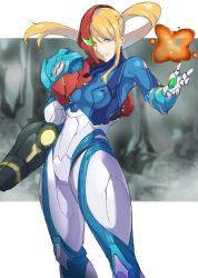 Rule 34 | 1girl, absurdres, arm cannon, armor, blonde hair, blue bodysuit, blue eyes, bodysuit, breasts, covered collarbone, floating hair, grin, hair between eyes, helmet, highres, long hair, looking at viewer, medium breasts, metroid, metroid dread, mole, mole under mouth, nintendo, ponytail, power armor, pretty-purin720, samus aran, science fiction, smile, solo, standing, turtleneck, weapon, x parasite, zero suit
