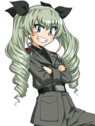 Rule 34 | 1girl, anchovy (girls und panzer), anzio military uniform, belt, black belt, black necktie, black shirt, commentary request, crossed arms, doyagao, dress shirt, drill hair, girls und panzer, green hair, grey jacket, grey pants, grin, jacket, long hair, long sleeves, looking at viewer, military, military uniform, necktie, oosaka kanagawa, pants, partial commentary, red eyes, sam browne belt, shirt, simple background, smile, smug, solo, standing, twin drills, twintails, uniform, v-shaped eyebrows, white background, wing collar