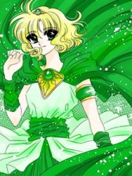 Rule 34 | 1girl, bad id, bad pixiv id, blonde hair, cowboy shot, fukujaku, gem, green background, green eyes, green skirt, green theme, hououji fuu, looking at viewer, magic knight rayearth, official alternate costume, official style, short hair, skirt, smile, solo, wrist cuffs