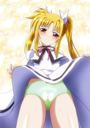 Rule 34 | 1girl, blonde hair, blush, cameltoe, closed mouth, clothes lift, fate testarossa, from below, green panties, hair ribbon, highres, kyolnov, lifted by self, long hair, looking at viewer, lyrical nanoha, mahou shoujo lyrical nanoha, mahou shoujo lyrical nanoha a&#039;s, panties, red eyes, ribbon, school uniform, seishou elementary school uniform, simple background, skirt, skirt lift, smile, solo, twintails, underwear