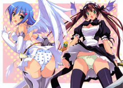 Rule 34 | 00s, 2girls, :p, absurdres, airi (queen&#039;s blade), airi (queen's blade), airi (the infernal temptress), angel, angel of light nanael, angel wings, ass, asymmetrical wings, bare shoulders, blue hair, blush, breasts, elbow gloves, gloves, green eyes, highres, medium breasts, multiple girls, nanael (queen&#039;s blade), nanael (queen's blade), open mouth, panties, pantyshot, polka dot, polka dot panties, queen&#039;s blade, red hair, short hair, thighhighs, tongue, tongue out, twintails, underwear, upskirt, white panties, wings