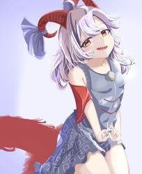 Rule 34 | 1girl, 69maow, blue dress, blue ribbon, collarbone, commentary request, curly hair, detached sleeves, dress, highres, horn ornament, horn ribbon, horns, meandros, open mouth, patterned clothing, red eyes, red horns, red sleeves, ribbon, sharp teeth, sheep horns, short hair, simple background, teeth, thighs, touhou, toutetsu yuuma, white hair
