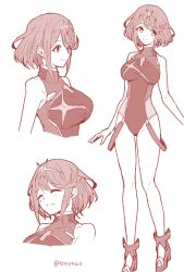 Rule 34 | 1girl, black one-piece swimsuit, breasts, competition swimsuit, earrings, full body, gem, headpiece, high heels, highres, jewelry, large breasts, looking at viewer, medium breasts, mochimochi (xseynao), multiple views, one-piece swimsuit, pyra (pro swimmer) (xenoblade), pyra (xenoblade), red eyes, red hair, red one-piece swimsuit, red theme, short hair, smile, solo, standing, swept bangs, swimsuit, tiara, twitter username, two-tone swimsuit, xenoblade chronicles (series), xenoblade chronicles 2