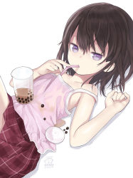 Rule 34 | 1girl, bare arms, bare shoulders, bendy straw, brown hair, bubble tea, bubble tea challenge, camisole, capriccio, closed mouth, commentary request, cup, dated, disposable cup, drinking straw, fingernails, hair between eyes, hands up, looking at viewer, lying, on back, original, pink camisole, plaid, plaid skirt, pleated skirt, polka dot camisole, purple eyes, red skirt, shadow, short hair, signature, skirt, solo, white background