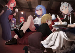 Rule 34 | 6+girls, :d, absurdres, alternate costume, apron, ass, bare legs, bare shoulders, belt, black dress, black footwear, black gloves, black shirt, blonde hair, blue dress, blue eyes, blue hair, blue skirt, blunt bangs, book, bow, braid, brown skirt, commentary request, couch, cthlo, cup, demon wings, dress, flandre scarlet, gloves, green eyes, hair between eyes, hair bow, hair ribbon, hand up, head wings, high heels, highres, holding, holding book, holding cup, holding teapot, holding tray, hong meiling, indoors, izayoi sakuya, kneeling, koakuma, long hair, long sleeves, looking at viewer, maid, maid apron, maid headdress, miniskirt, mug, multiple girls, no headwear, no wings, off-shoulder dress, off shoulder, open mouth, patchouli knowledge, pleated skirt, puffy short sleeves, puffy sleeves, purple hair, red bow, red eyes, red hair, red ribbon, remilia scarlet, ribbon, shirt, shoes, short hair, short sleeves, silver hair, sitting, skirt, smile, spaghetti strap, standing, teacup, teapot, thighs, touhou, tray, twin braids, white apron, white shirt, wing collar, wings