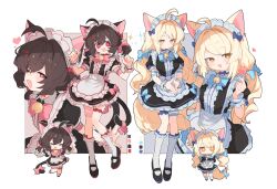 Rule 34 | 2girls, :3, :d, ^ ^, ahoge, animal ears, apron, bell, black dress, black footwear, blonde hair, blue bow, blue bowtie, blue choker, blue nails, bow, bow choker, bowtie, brown hair, cat ears, cat girl, cat tail, chibi, chibi inset, choker, closed eyes, collared dress, color guide, commission, cross-shaped pupils, dress, dress bow, frilled apron, frilled dress, frilled socks, frills, full body, hair bow, hair intakes, hair ornament, hairpin, half-closed eyes, hands up, heart, jingle bell, kasa (hitori sanka), kneehighs, long hair, looking at viewer, maid headdress, mary janes, multiple girls, multiple tails, multiple views, nail polish, neck bell, open mouth, original, outstretched arms, own hands together, paw pose, pink bow, pink bowtie, puffy short sleeves, puffy sleeves, red eyes, shoes, short hair, short sleeves, short twintails, simple background, skeb commission, smile, socks, sparkle, spread arms, standing, symbol-shaped pupils, tail, tail bow, tail ornament, thigh strap, twintails, two tails, v arms, waist apron, wavy hair, white apron, white background, white socks, wrist cuffs, yellow eyes