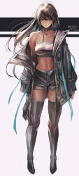 Rule 34 | 1girl, black footwear, black jacket, black shorts, black tube top, boots, brown hair, dark-skinned female, dark skin, dated, expressionless, green eyes, hair between eyes, highres, jacket, long hair, looking at viewer, open clothes, open jacket, original, serious, short shorts, shorts, solo, strapless, sushi (sashimise), tan, thigh boots, thighhighs, tube top, twitter username, open fly, white background
