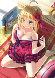 Rule 34 | 1girl, ahoge, barefoot, blonde hair, blush, breasts, cleavage, cooler, fate/grand order, fate (series), flower, frills, from above, green eyes, hair flower, hair ornament, hibiscus, highres, large breasts, looking at viewer, looking up, nero claudius (fate), nero claudius (fate) (all), nero claudius (fate/extra), nero claudius (swimsuit caster) (fate), official alternate costume, one-piece swimsuit, red one-piece swimsuit, shoes, unworn shoes, short hair, sitting, skywaker, smile, swimsuit, undressing