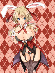 Rule 34 | 1girl, animal ears, argyle, argyle background, argyle clothes, argyle legwear, arm behind back, bare shoulders, black panties, blonde hair, blush, bow, bow panties, breasts, brown thighhighs, cowboy shot, detached collar, garter straps, gatakenjin, hand to own mouth, hapymaher, large breasts, long hair, looking at viewer, low twintails, panties, rabbit ears, smile, solo, thigh gap, thighhighs, twintails, underwear, wrist cuffs, yayoi b lutwidge