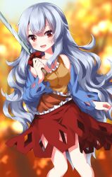 Rule 34 | 1girl, :d, bare shoulders, blurry, blurry background, blush, breasts, commentary request, detached sleeves, grey hair, highres, holding cleaver, long hair, looking at viewer, medium breasts, open mouth, red eyes, ruu (tksymkw), sakata nemuno, smile, solo, touhou, very long hair