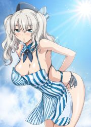 Rule 34 | 10s, 1girl, aoiakira553, apron, beret, bikini, blue sky, blush, breasts, cloud, day, frilled sleeves, frills, grey eyes, hat, kantai collection, kashima (kancolle), large breasts, lawson, leaning forward, lens flare, outdoors, side-tie bikini bottom, sidelocks, silver hair, sky, solo, sun, swimsuit, tsurime, twintails, wavy hair