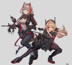 Rule 34 | 2girls, absurdres, arknights, black footwear, black gloves, black jacket, black legwear, black pants, breasts, brown hair, closed mouth, creator connection, detonator, fingerless gloves, full body, gar32, girls&#039; frontline, gloves, grey background, gun, headset, highres, holding, holding gun, holding weapon, horns, jacket, large breasts, long hair, looking at viewer, m4 sopmod ii (girls&#039; frontline), multiple girls, pants, pantyhose, parted lips, red eyes, rifle, short hair, silver hair, simple background, smile, trait connection, w (arknights), weapon
