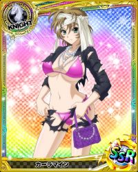 Rule 34 | 1girl, bikini, breasts, card (medium), chess piece, cleavage, green eyes, high school dxd, karlamine (high school dxd), knight (chess), large breasts, navel, official art, swimsuit, torn clothes, underboob