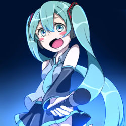 Rule 34 | 1girl, aqua eyes, aqua hair, bad id, bad pixiv id, blush stickers, detached sleeves, fang, fuu (07199382), hatsune miku, headphones, long hair, microphone, necktie, open mouth, resized, skirt, solo, twintails, upscaled, very long hair, vocaloid