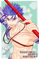 Rule 34 | 1boy, blue hair, border, crescent, crescent necklace, cu chulainn (fate), dated, fate/grand order, fate (series), gae bolg (fate), happy birthday, jewelry, kouren (k01 numa), looking at viewer, male focus, navel, necklace, open mouth, pectorals, polearm, red eyes, solo, twitter username, weapon, white border