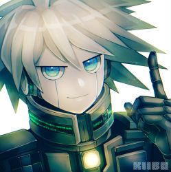 Rule 34 | 1boy, android, character name, commentary request, danganronpa (series), danganronpa v3: killing harmony, green eyes, grey hair, hand up, highres, index finger raised, k1-b0, looking at viewer, male focus, portrait, simple background, smile, solo, spiked hair, torimeshi (shiroichi), white background