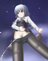 Rule 34 | 1girl, animal ears, arisu kazumi, black footwear, black skirt, blush, boots, breasts, cat ears, cat girl, cat tail, cleft of venus, clothes lift, clothes pull, from below, green eyes, grey neckwear, long sleeves, looking down, armored boots, necktie, night, open mouth, pantyhose, pantyhose pull, peeing, pussy, sanya v. litvyak, shirt, short hair, silver hair, skirt, skirt lift, sky, small breasts, standing, star (sky), starry sky, strike witches, tail, uncensored, white shirt, world witches series