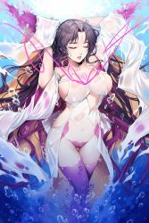 Rule 34 | 1girl, absurdres, air bubble, arms up, bad id, bad pixiv id, black hair, breasts, bubble, cameltoe, cleavage, closed eyes, detached sleeves, dissolving, facial mark, fate/grand order, fate (series), forehead mark, highres, large breasts, long hair, long sleeves, maebari, may (2747513627), multicolored hair, navel, parted bangs, parted lips, purple hair, purple thighhighs, revealing clothes, sessyoin kiara, sideboob, solo, stomach, submerged, tattoo, thigh gap, thighhighs, two-tone hair, underwater, very long hair, wide sleeves