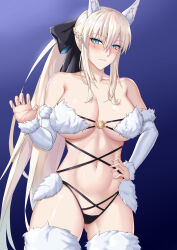 Rule 34 | 1girl, absurdres, adapted costume, animal ears, bare shoulders, black bow, black panties, blonde hair, blue eyes, bow, braid, breasts, cleavage, collarbone, fate/grand order, fate (series), freed turing, french braid, fur-trimmed legwear, fur-trimmed sleeves, fur trim, gradient hair, grey hair, hair bow, hand on own hip, highres, large breasts, long hair, looking at viewer, mash kyrielight, mash kyrielight (dangerous beast), morgan le fay (fate), multicolored hair, navel, o-ring, panties, ponytail, revealing clothes, sidelocks, solo, thighhighs, thighs, underwear, very long hair, white thighhighs, wolf ears