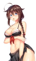 Rule 34 | 10s, 1girl, adapted costume, ahoge, alternate breast size, bikini, black bikini, blue eyes, blush, braid, breasts, brown hair, cleavage, collarbone, commentary request, covering privates, covering crotch, cowboy shot, embarrassed, hair between eyes, hair flaps, highres, kantai collection, large breasts, long hair, looking at viewer, navel, no panties, ntk (7t5), open mouth, sarong, shigure (kancolle), shigure kai ni (kancolle), shiny skin, simple background, solo, standing, stomach, strap gap, swimsuit, thighs, upper body, white background