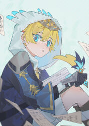 Rule 34 | 1boy, absurdres, black gloves, blonde hair, blue eyes, blue jacket, genshin impact, gloves, highres, holding, holding quill, hood, hood up, jacket, light blue background, long sleeves, looking at viewer, male focus, mika (genshin impact), open mouth, paper, quill, shorts, solo, white shorts, writing, yonab