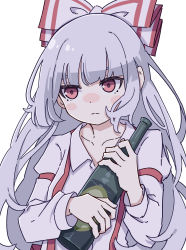 Rule 34 | 1girl, absurdres, blush stickers, bottle, bow, closed mouth, collarbone, collared shirt, fujiwara no mokou, hair bow, highres, holding, holding bottle, kame (kamepan44231), long hair, long sleeves, one-hour drawing challenge, red eyes, shirt, simple background, solo, touhou, upper body, white background, white bow, white hair, white shirt