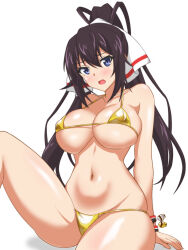 1girl arm_support bare_arms bikini blue_eyes blush bracelet breasts brown_hair cleavage collarbone commentary_request covered_erect_nipples gold_bikini hair_between_eyes hair_ribbon hata_(pixiv10403940) highres infinite_stratos jewelry large_breasts long_hair looking_at_viewer micro_bikini navel open_mouth ponytail ribbon shinonono_houki sidelocks simple_background sitting solo swimsuit thighs underboob white_background