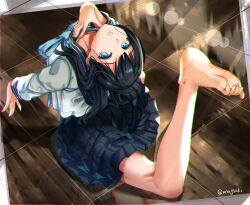 1girl akebi-chan_no_serafuku akebi_komichi aona_(anagasaki) arched_back barefoot black_hair black_sailor_collar black_skirt blue_eyes blue_neckerchief feet feet_up flexible front_sitting_split full_body hand_on_own_chest long_hair long_sleeves looking_at_viewer neckerchief on_floor parted_lips pleated_skirt roubai_academy_school_uniform_(old) sailor_collar school_uniform serafuku skirt soles solo toes twitter_username